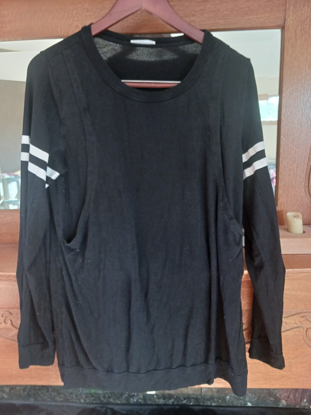 Black Long-Sleeve Crewneck Nursing Shirt with White Sleeve Stripes
